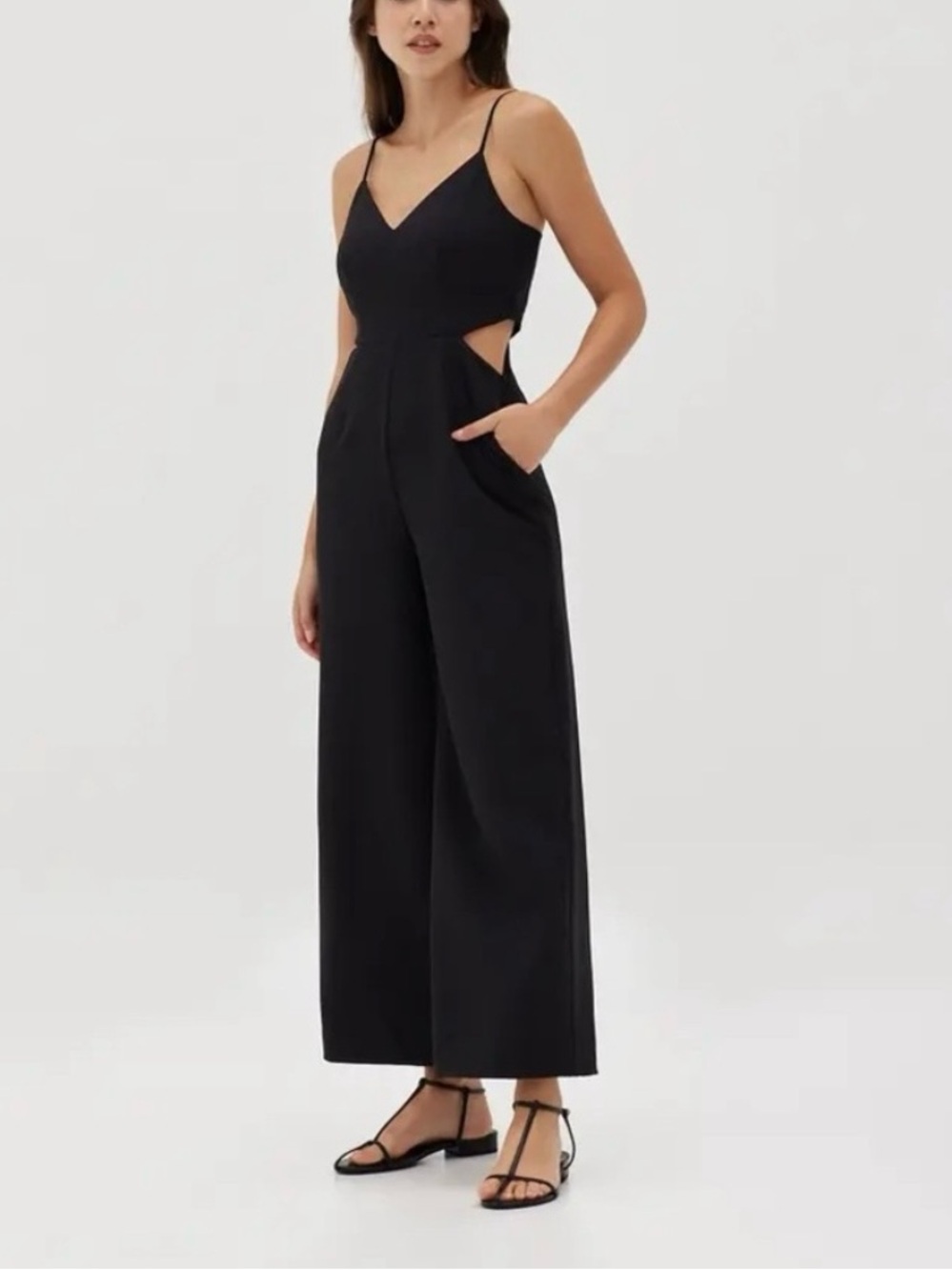 Black V-Neck Wide-Leg Jumpsuit with Side Cutouts